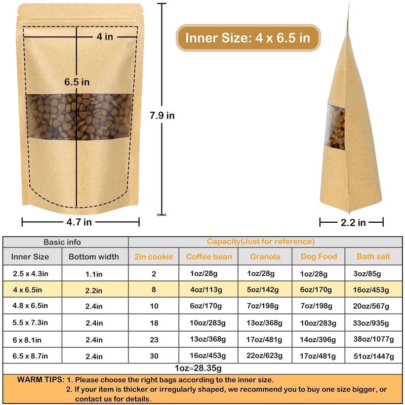 Blisstime Stand Up Pouches, 50 Pack Kraft Paper Bags with Matte Window and Tear Notch Resealable Bags for Small Business Home Use (4 x 6.5 Inches) - Image 2